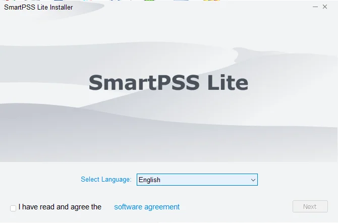 Начален екран на инсталатора SmartPSS Lite с избран английски език